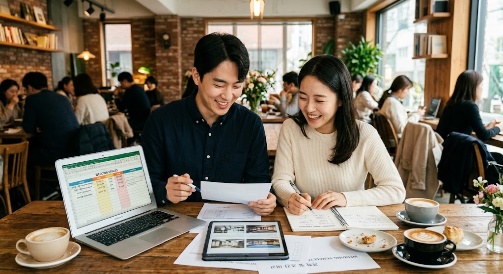 체크리스트와 태블릿 PC를 활용해 웨딩홀 견적 비교 및 세부 항목을 꼼꼼히 확인하는 모습