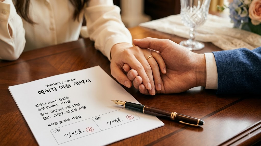 완성된 웨딩홀 계약서 위에 만년필이 놓여 있고 합리적인 예산으로 당일 계약을 마친 후 안도하는 신랑 신부