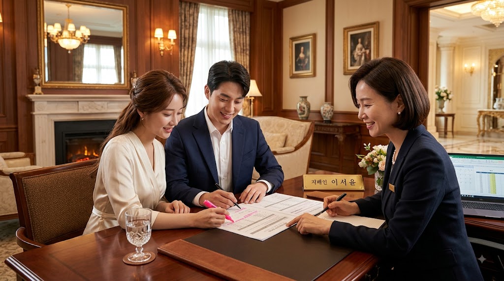 웨딩홀 상담실에서 예비부부가 상담실장 맞은편에 앉아 견적서에 형광펜으로 체크하며 꼼꼼히 살펴보고 있는 실제 상담 현장 모습