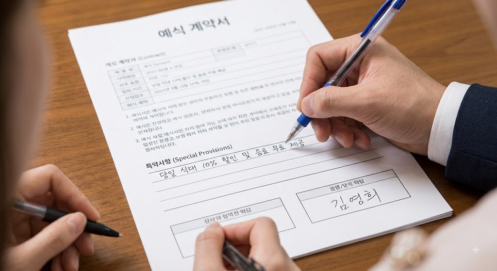 계약서의 특약사항란에 볼펜으로 수기 문구를 작성하고 양측이 도장을 찍어 계약을 완결짓는 모습