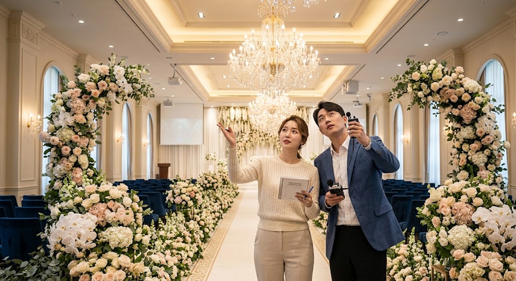 웨딩홀 투어 중 체크리스트 수첩을 들고 버진로드 조명과 음향을 꼼꼼히 확인하는 예비부부