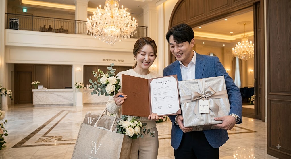 성공적으로 웨딩홀 계약을 마치고 계약서와 사은품을 받아 든 밝은 표정의 예비부부 모습