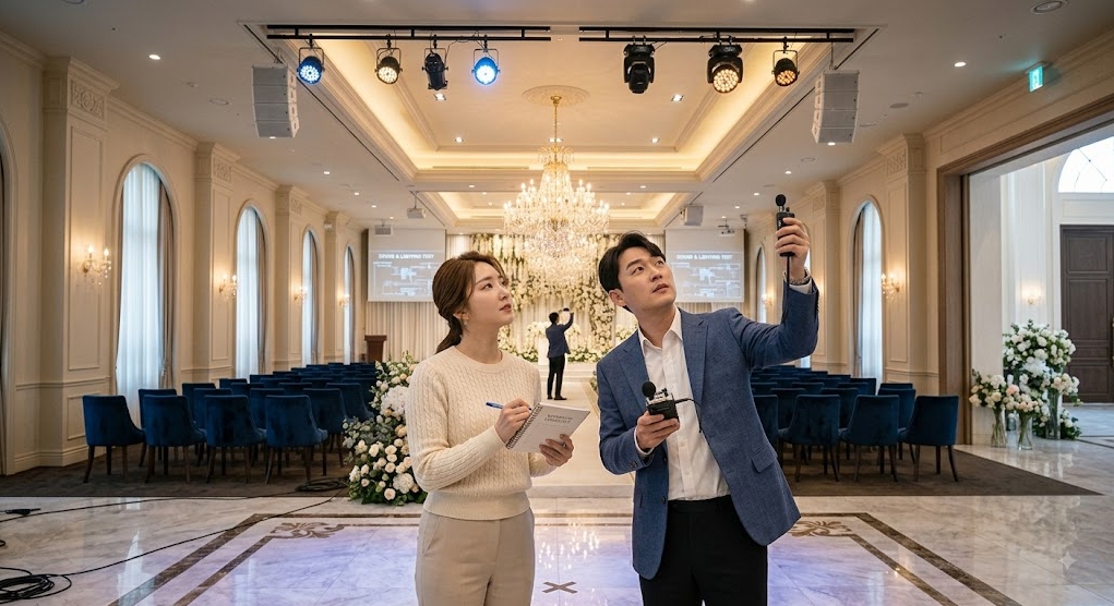 웨딩홀 투어 현장에서 예비부부가 체크리스트 수첩을 들고 버진로드 중앙에서 음향과 조명 시스템을 꼼꼼하게 점검하는 실제 실사 장면