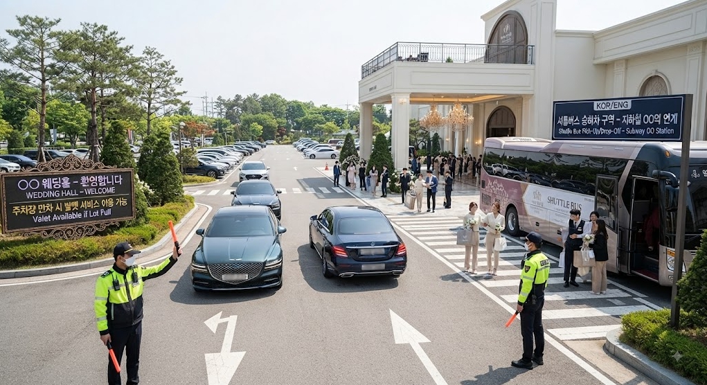웨딩홀 주차 안내 요원의 원활한 차량 유도와 지하철역 연계 셔틀버스 승하차 구역