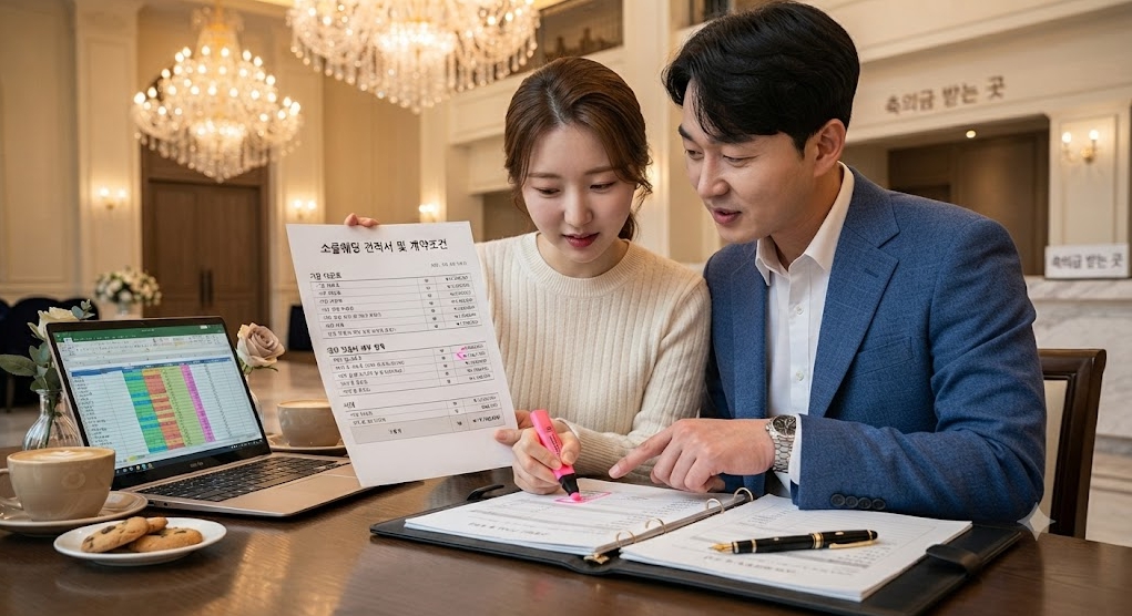 스몰웨딩 견적서와 생화 연출비 및 대관료 세부 항목을 꼼꼼히 비교 검토하는 모습