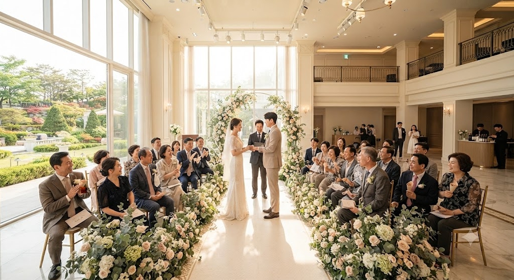 자연광이 들어오는 밝은 통창 구조의 스몰웨딩 베뉴에서 진행되는 여유로운 주말 예식 현장