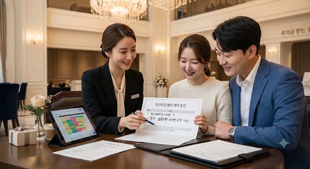스몰웨딩 전문 플래너와 함께 피크타임 계약 조건 및 보증인원 특약을 조율하는 상담 장면