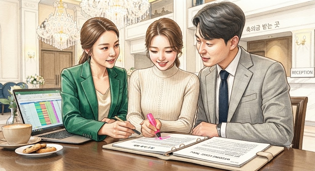 웨딩홀 계약서의 세부 특약 조항을 형광펜으로 체크하며 상담 매니저와 계약을 검토하는 예비부부의 모습