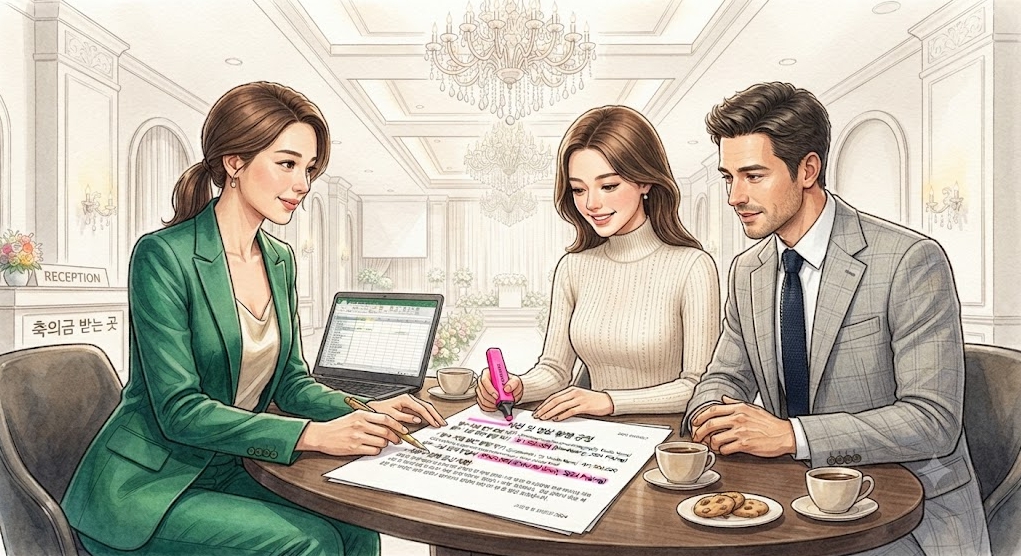 홀 필수 지정 원판 촬영 작가와 외부 스냅 업체 반입비 관련 계약서 항목을 확인하는 장면