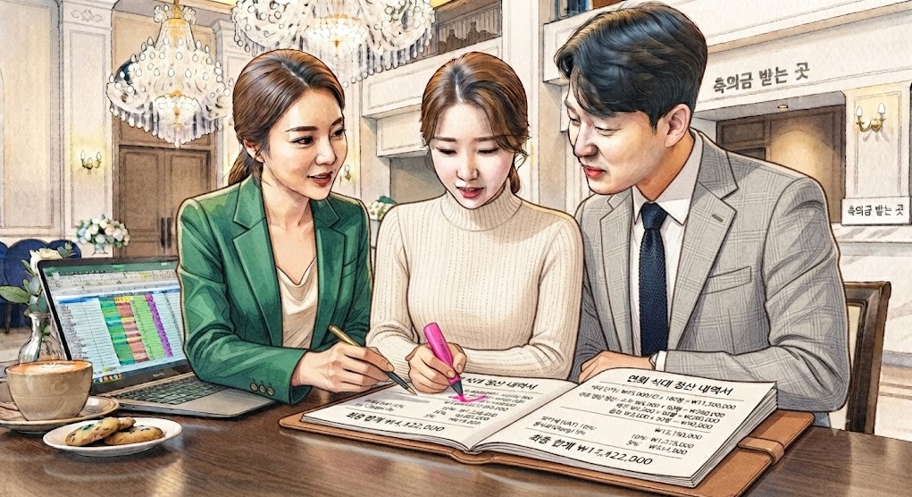 뷔페 연회장 식대 계산서 및 주류 병당 정산 방식과 부가세·봉사료 내역을 대조하는 모습