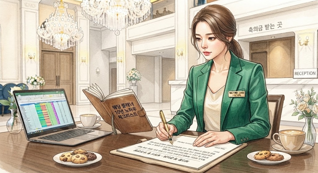10년 차 웨딩 플래너가 체크리스트를 기반으로 웨딩홀 위약금 및 보증인원 특약 문구를 작성하는 모습