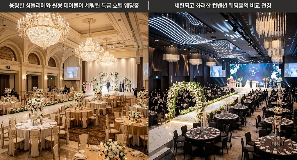 웅장한 샹들리에와 원형 테이블이 세팅된 특급 호텔 웨딩홀과 세련되고 화려한 컨벤션 웨딩홀의 비교 전경