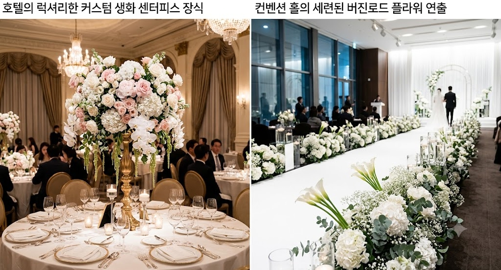 호텔의 럭셔리한 커스텀 생화 센터피스 장식과 컨벤션 홀의 세련된 버진로드 플라워 연출