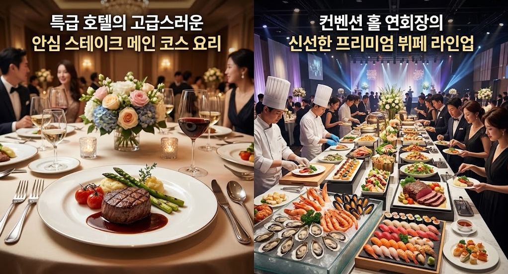 특급 호텔의 고급스러운 안심 스테이크 메인 코스 요리와 컨벤션 홀 연회장의 신선한 프리미엄 뷔페 라인업
