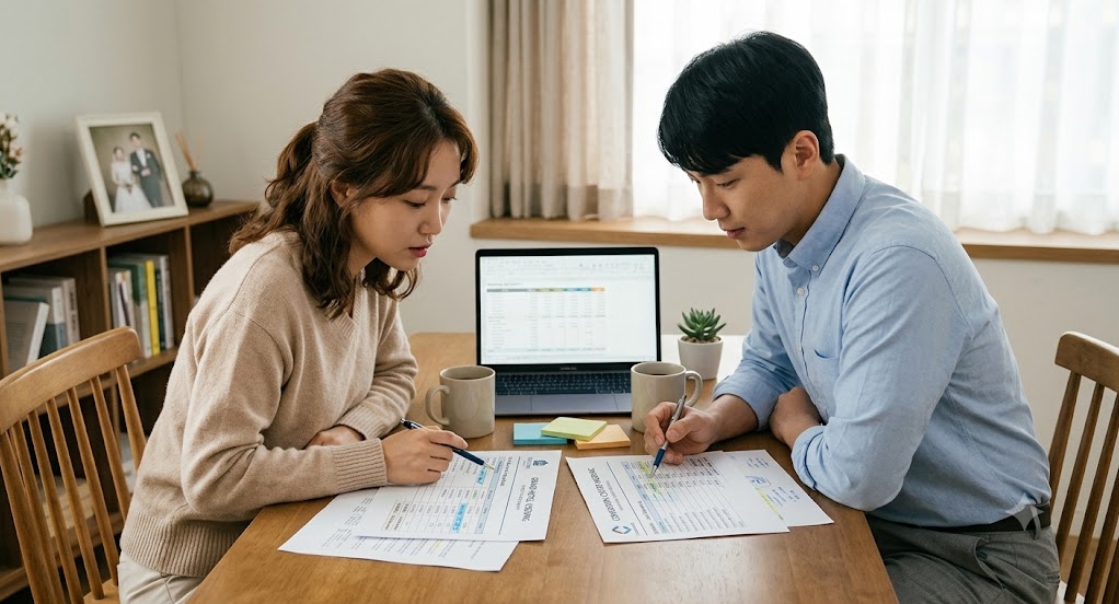 예비부부가 테이블에서 호텔 웨딩 견적서와 컨벤션 홀 견적서의 세부 세금 및 옵션 항목을 비교 분석하는 모습
